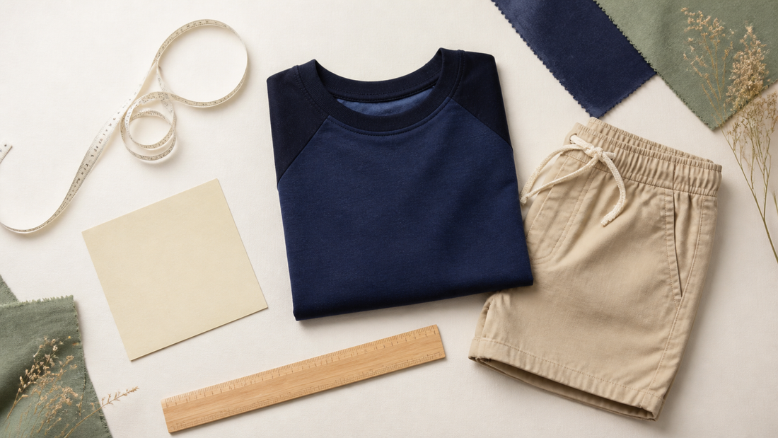 Measuring tape beside folded children’s clothing and a blank size worksheet