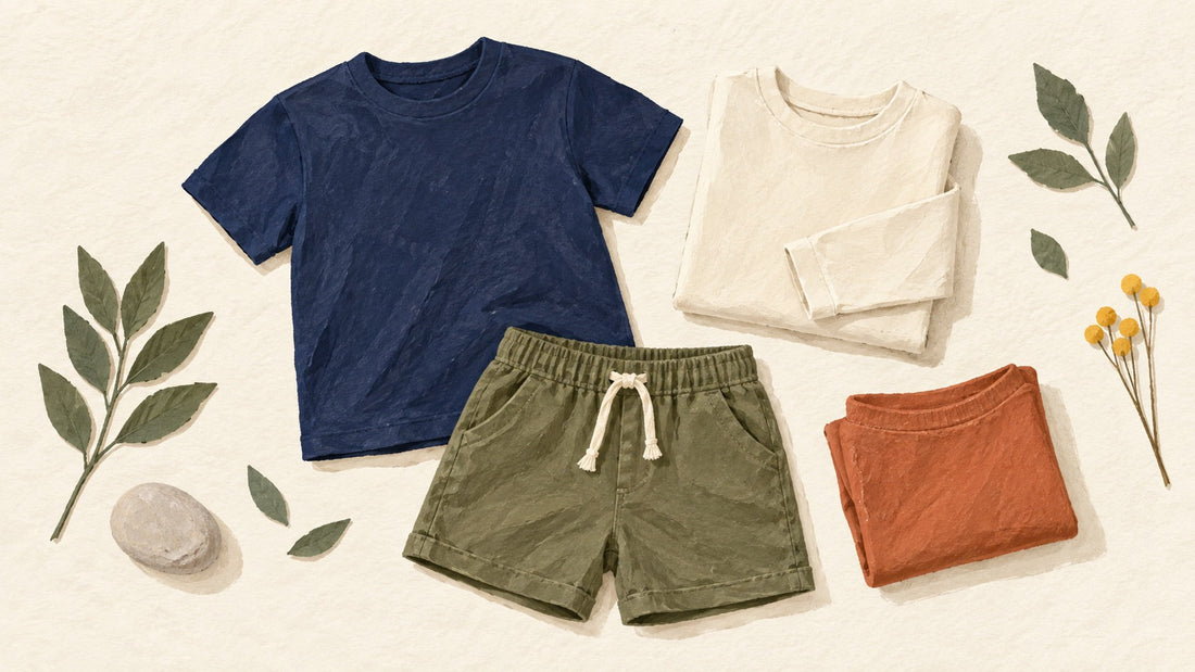 AI-created illustration of generic navy, ivory, olive and rust clothing; styling concept, not Damondaily products.