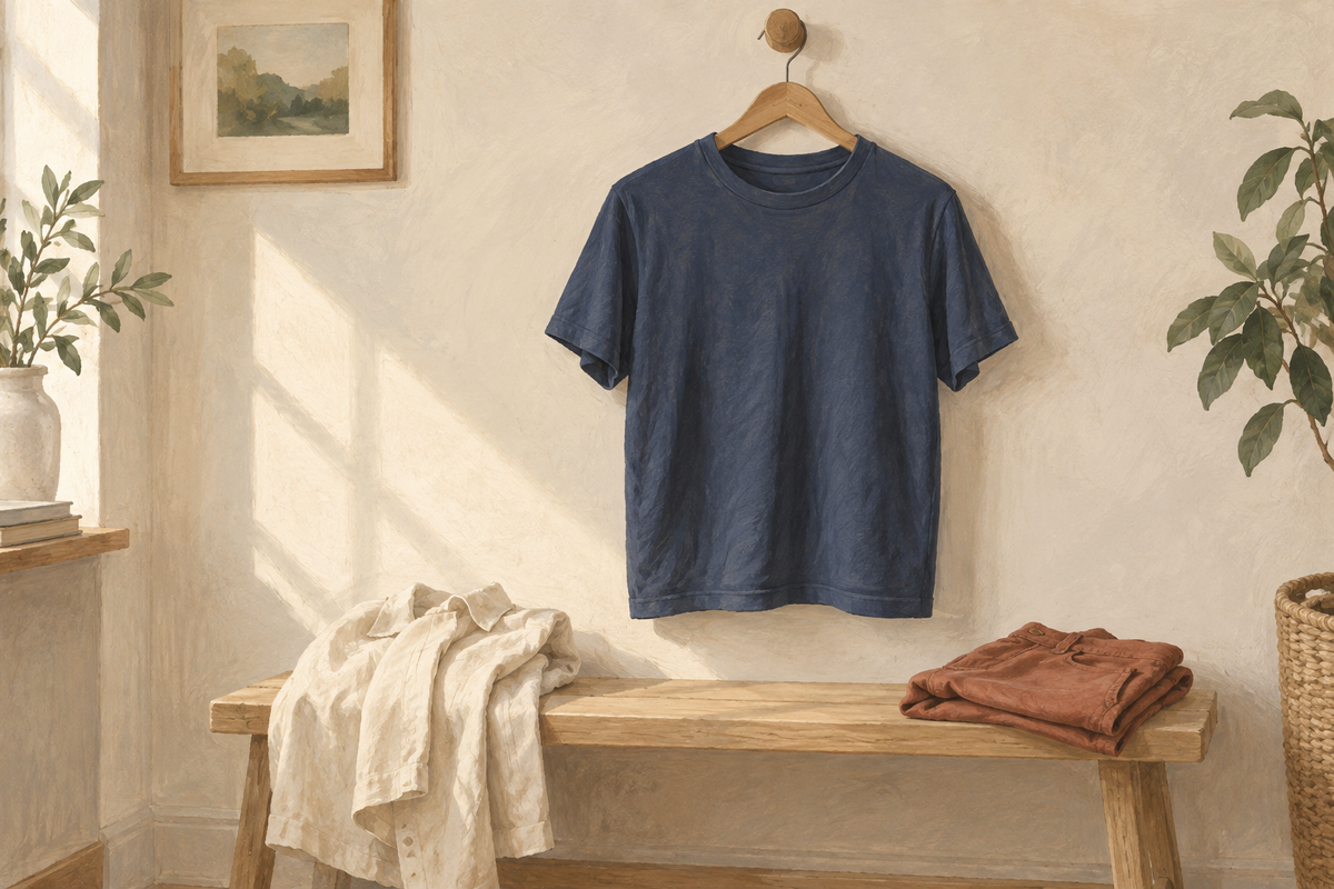 Illustration of a navy T-shirt hanging above a wooden bench, with a cream shirt and folded rust-colored pants.