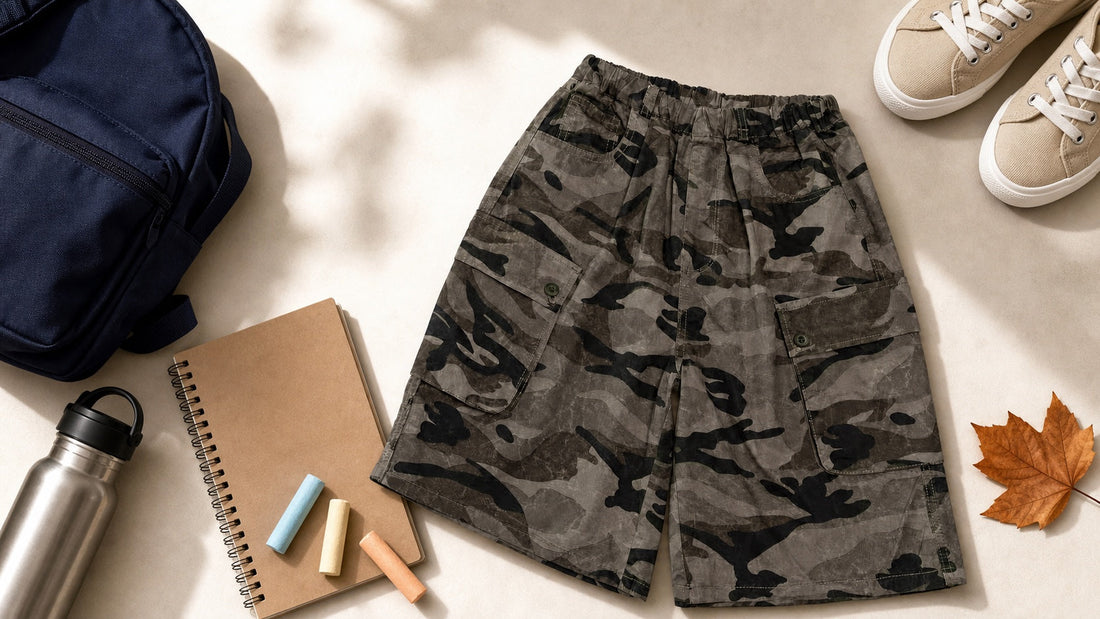 Damondaily washed camo cargo shorts arranged with school and park essentials