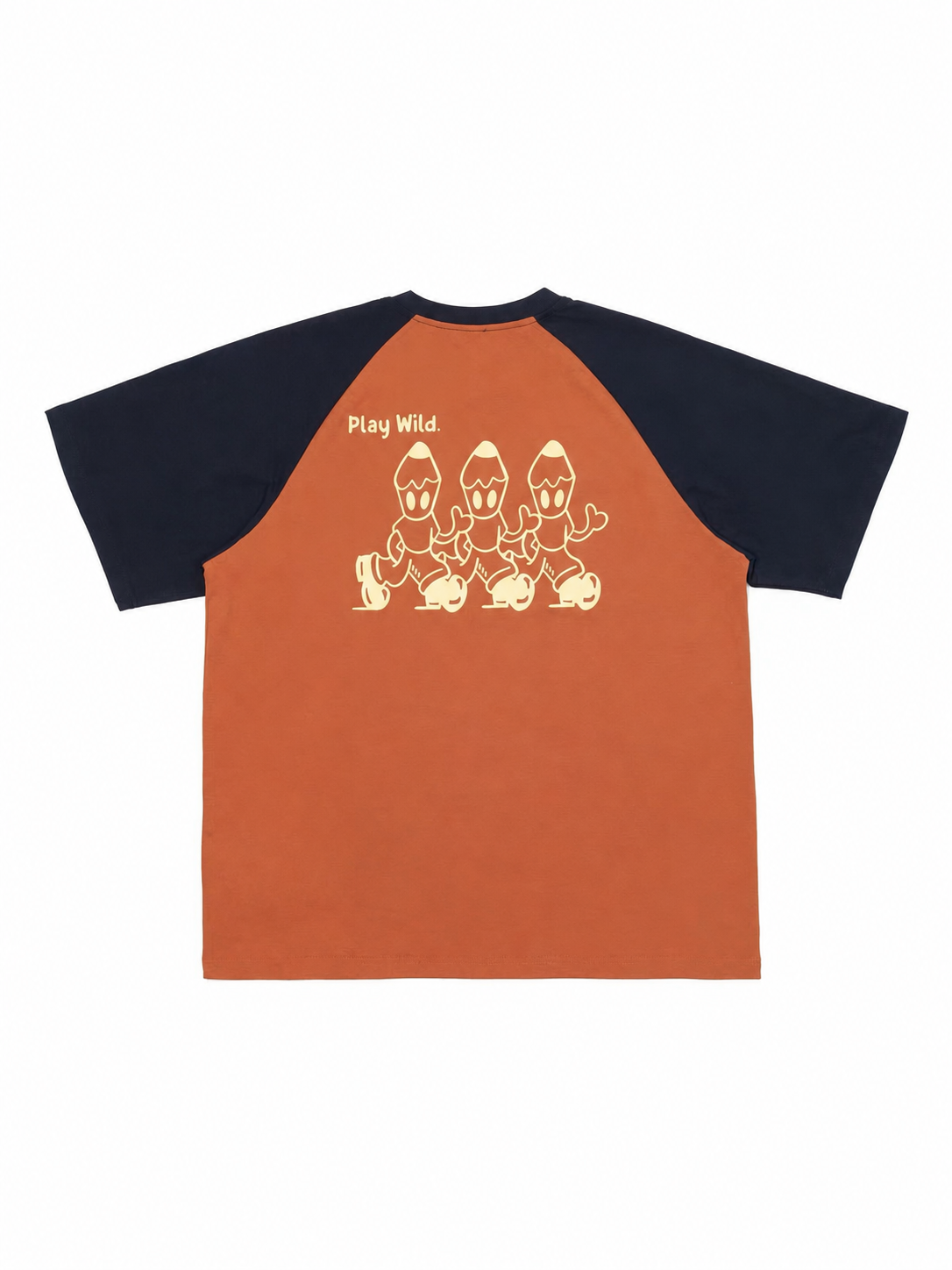 Play Wild kids colorblock quick-dry raglan tee in burnt orange and navy, flat lay