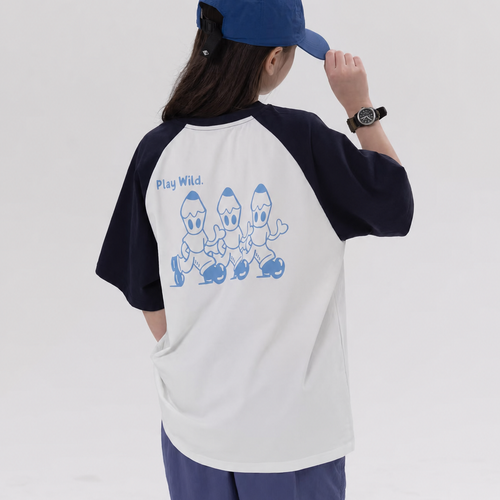 Play Wild kids quick-dry raglan tee in white and navy, back view