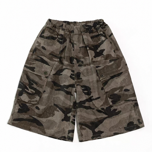Trail Ready kids washed camouflage cargo shorts, front flat lay
