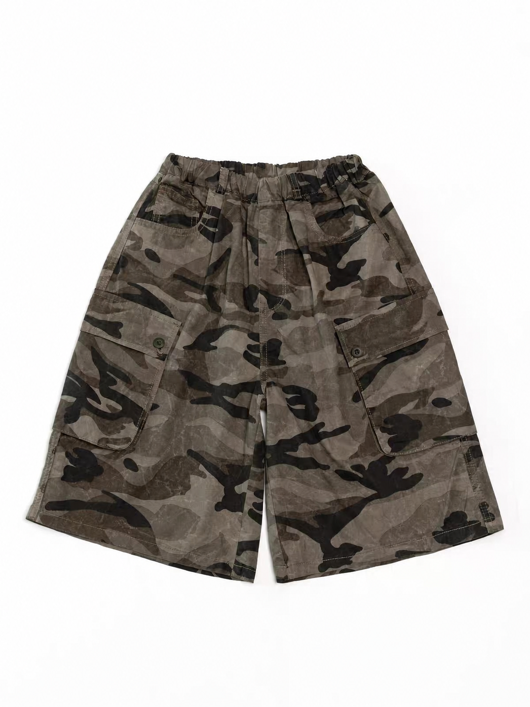Trail Ready kids washed camouflage cargo shorts, front flat lay